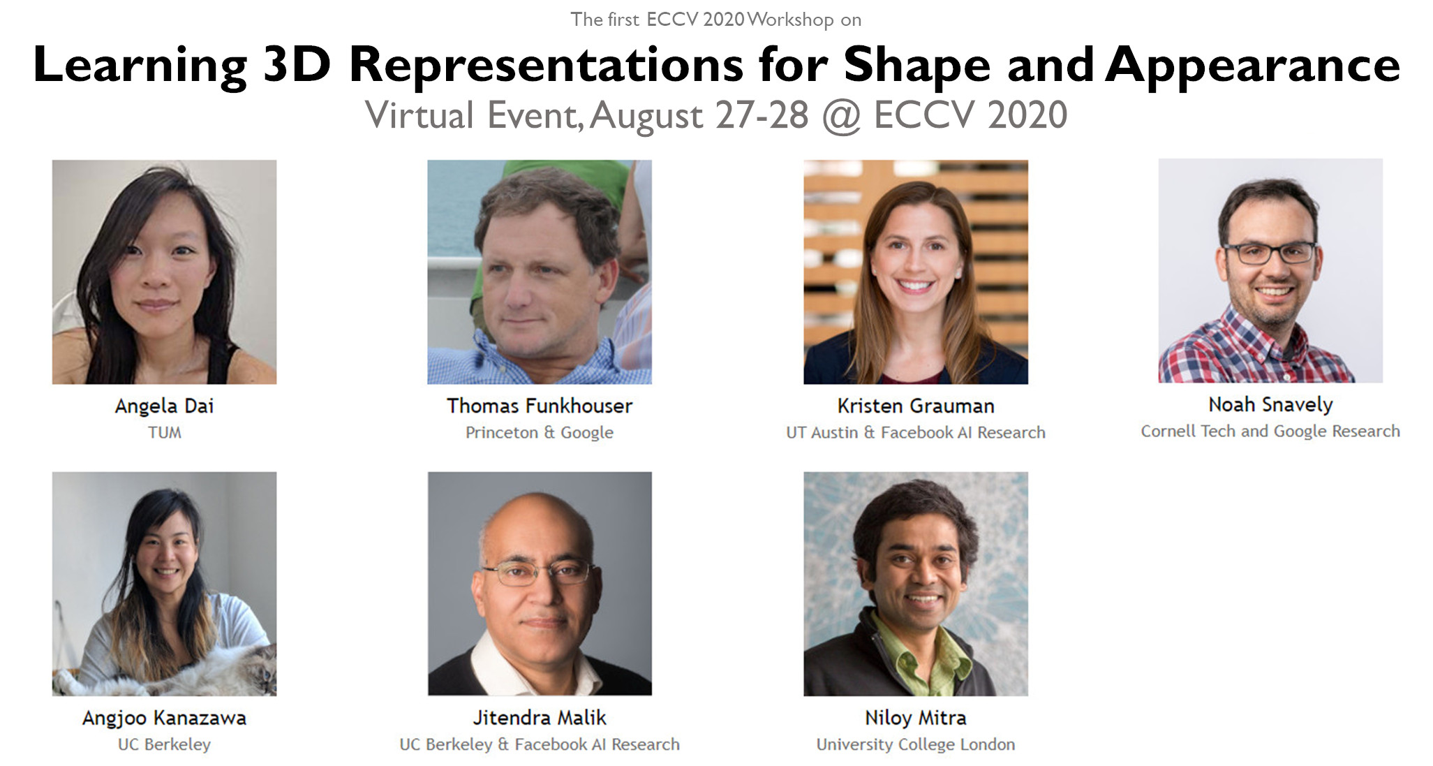 ECCV 2020 Workshop: Learning 3D Representations for Shape and Appearance